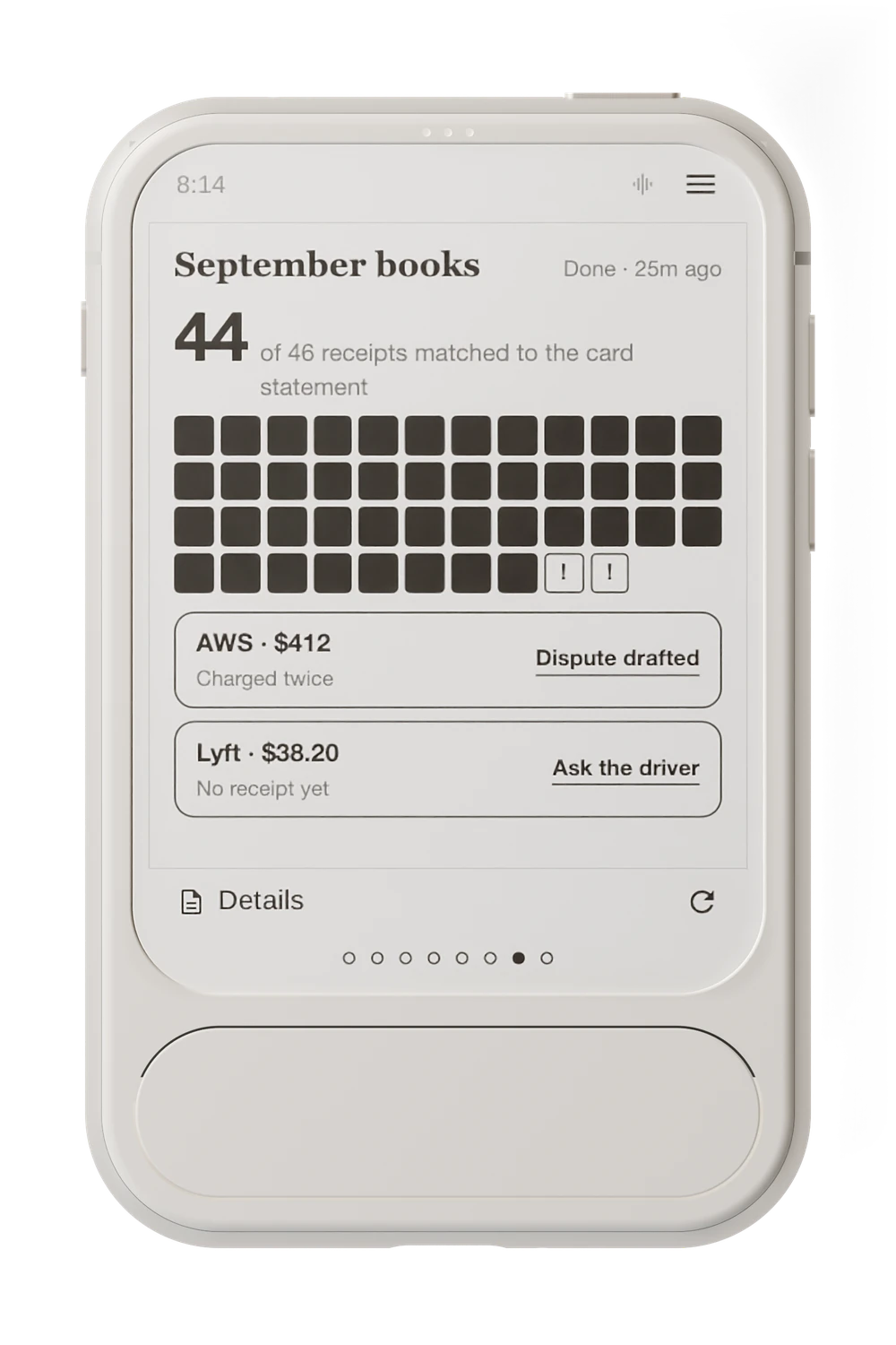 Envoy 1 showing September’s 46 receipts as squares, 44 matched and two flagged