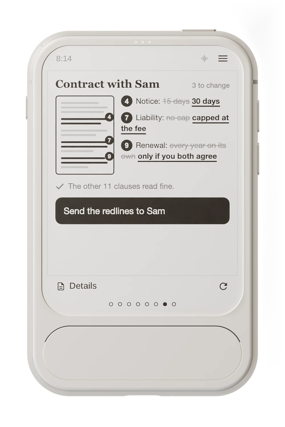 Envoy 1 showing a contract with three clauses marked and what to change them to