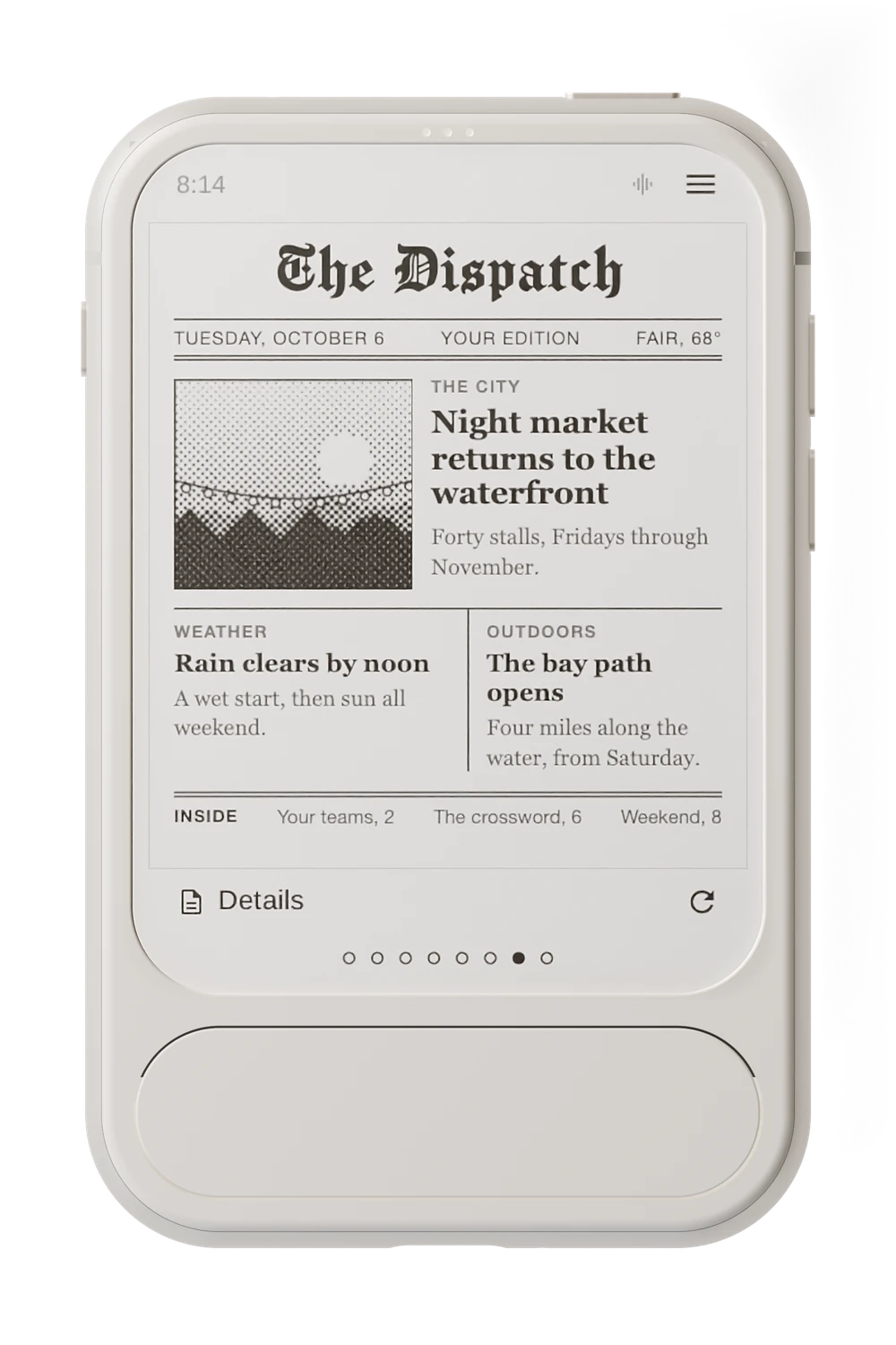 Envoy 1 showing the morning’s Dispatch: the nameplate, a lead story with its picture and two short ones