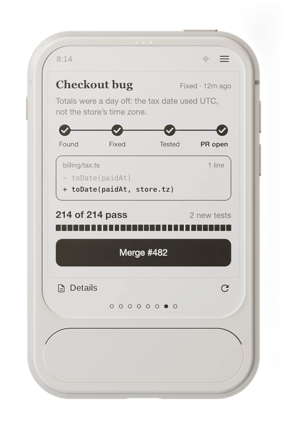 Envoy 1 showing a fixed bug: the one-line change, all 214 tests passing and the pull request to merge