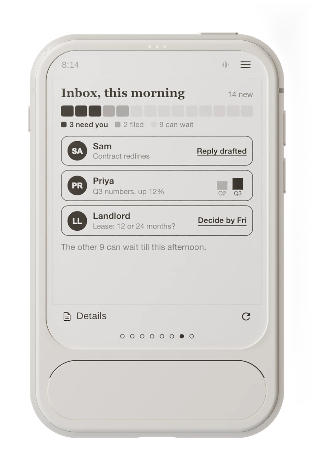Envoy 1 sorting the morning’s email: three that need you, two filed, nine that can wait