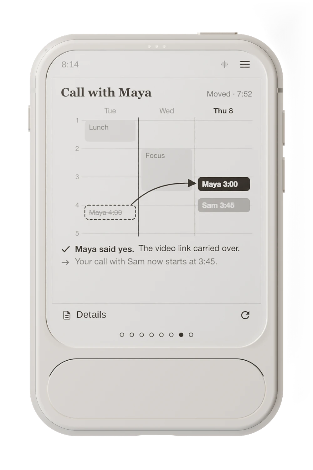Envoy 1 showing the call with Maya moved on the calendar to Thursday at 3
