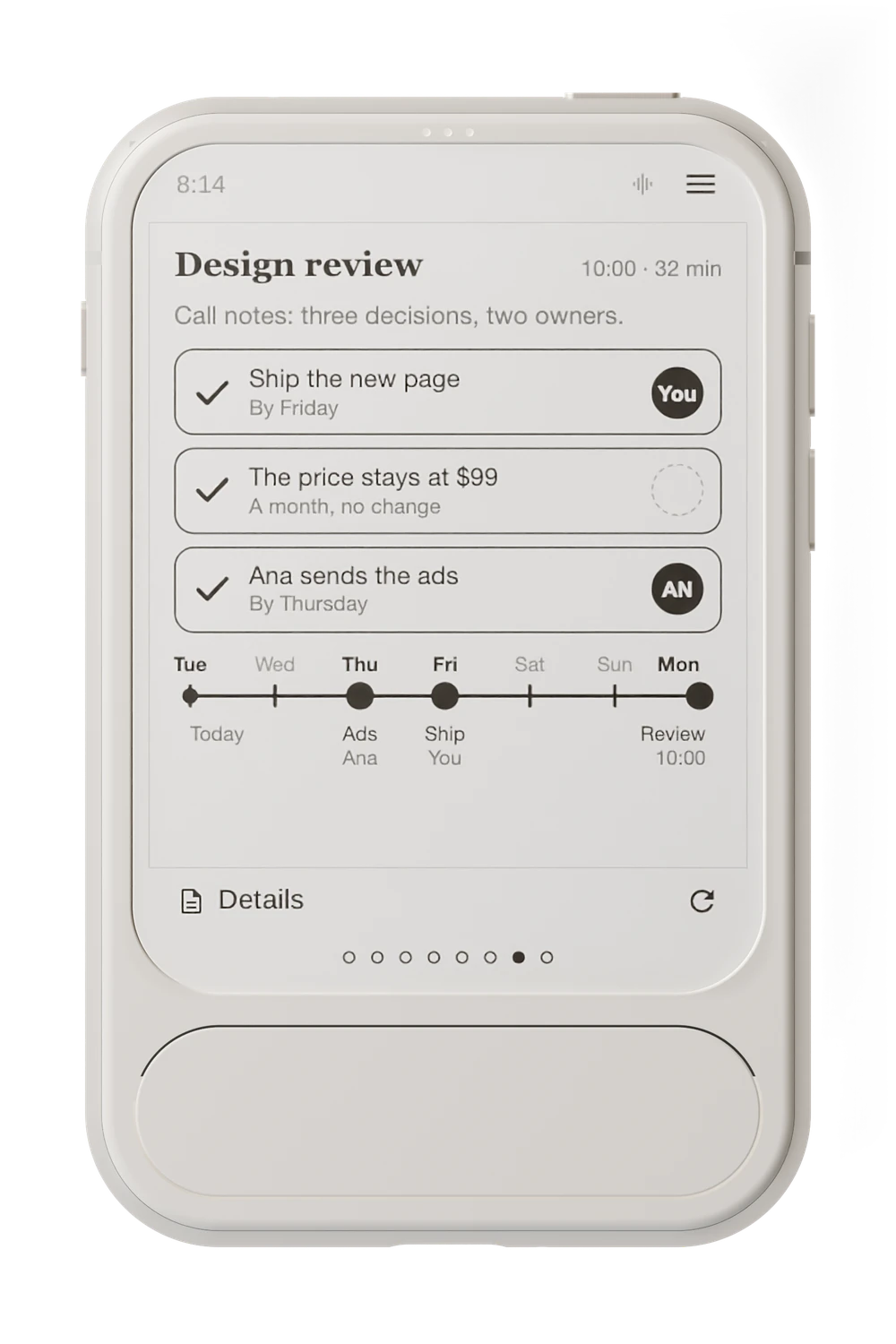 Envoy 1 showing the notes from a design review: three decisions, who owns each and the week ahead