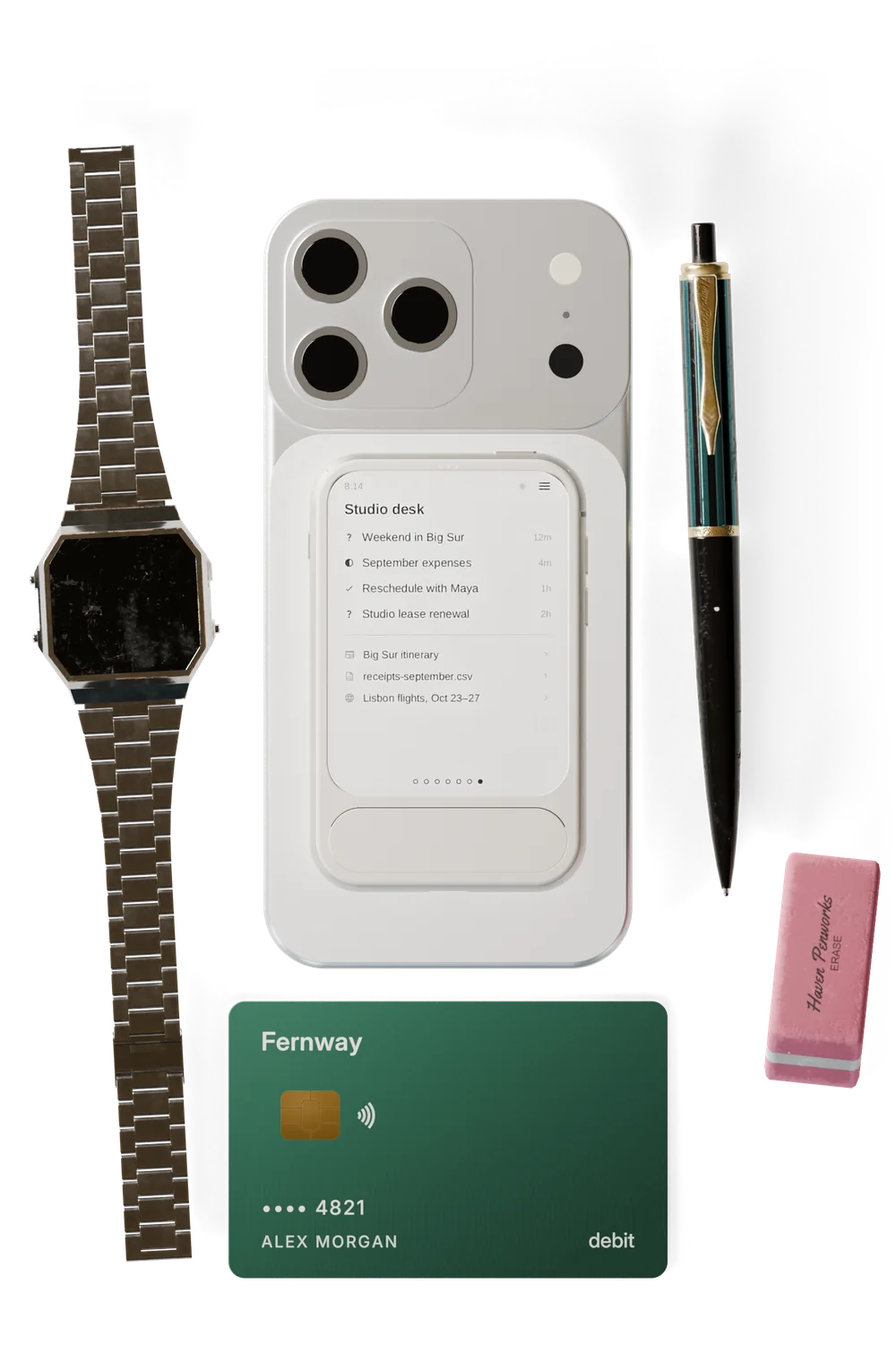 Envoy 1 held by its magnets to the back of a phone, showing the agents at work on your desk