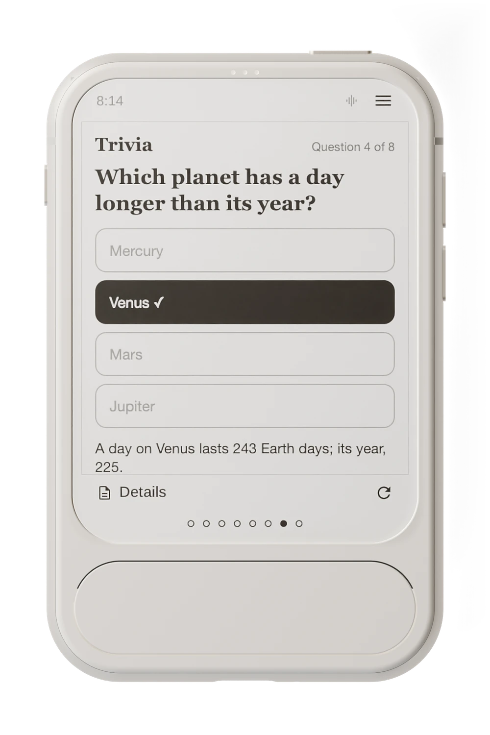 Envoy 1 showing a trivia question answered, with why: a day on Venus lasts 243 Earth days