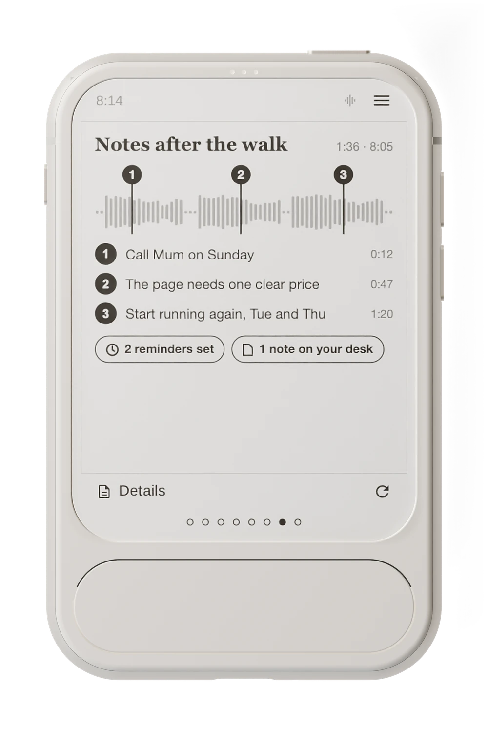 Envoy 1 showing a voice note drawn as a waveform, with the three things worth keeping marked and pulled out