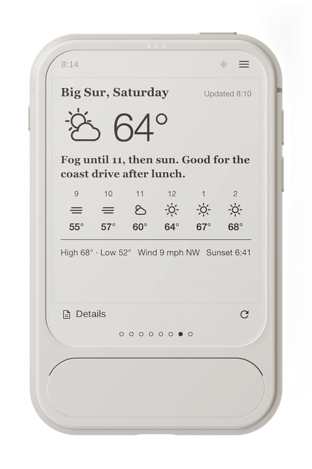 Envoy 1 showing a forecast an agent made for the trip: Big Sur, Saturday, fog until 11