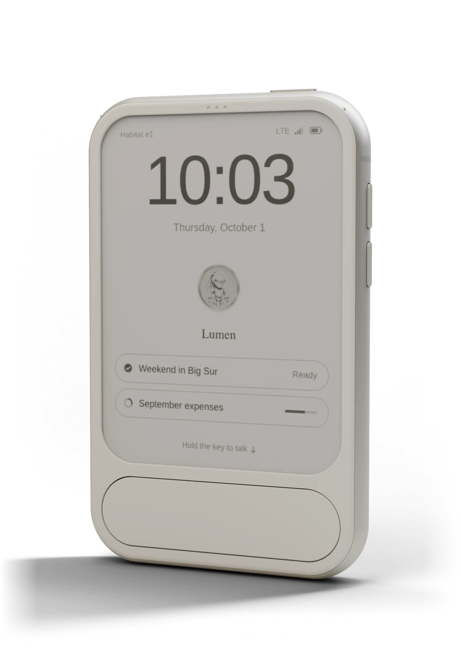 Envoy 1, standing, its paper screen showing the time